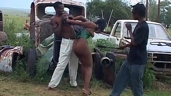 African babe ebony pussy fucks outdoor in bondage threesome fucking
